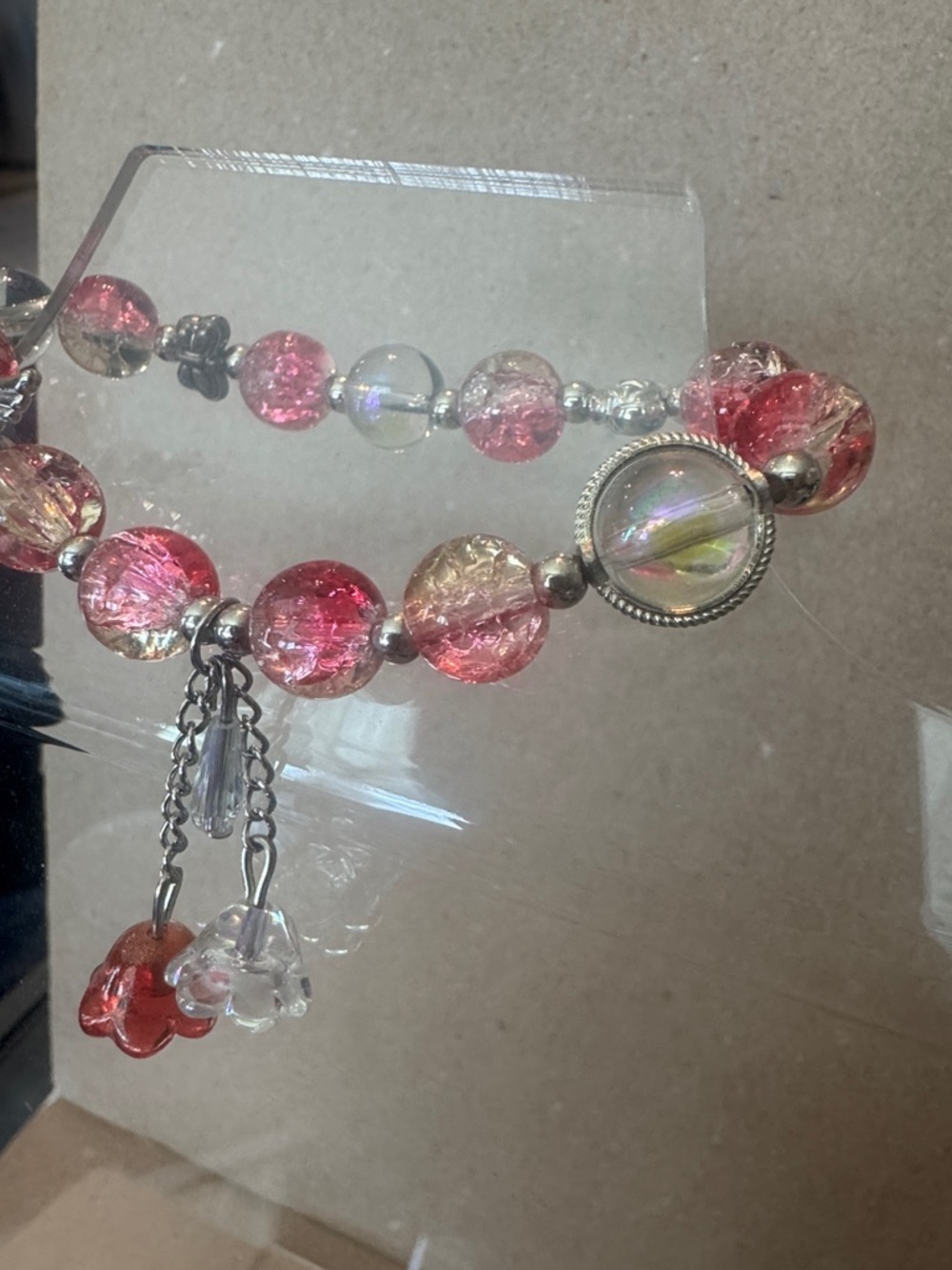 Pink and Gold Glass Bead Charm Bracelet - Women's Jewelry - Picture 2 of 2